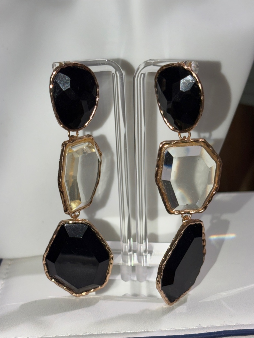 Gold-Trim Black & Clear Triple Drop Earrings